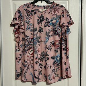 Loft Plus, Size 24, Pink/Floral Blouse with Cap Sleeves